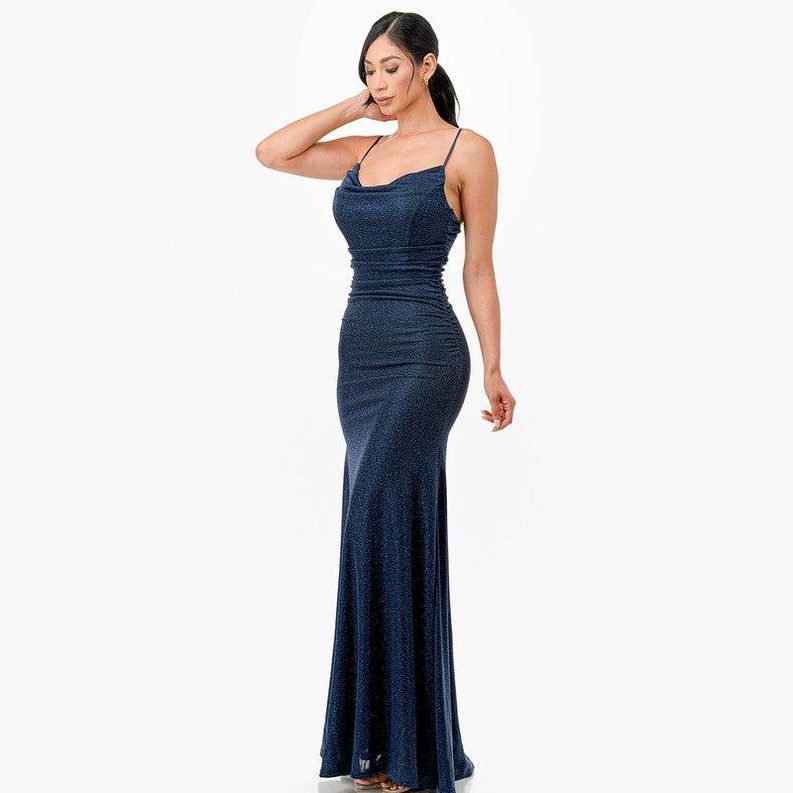Sparking Jacquard Cowl Neck Long Dress - VacationGrabs