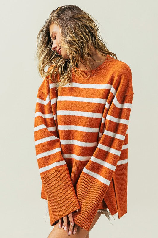 Women's SweatersRibbed Hem Stripe Sweater - VacationGrabs