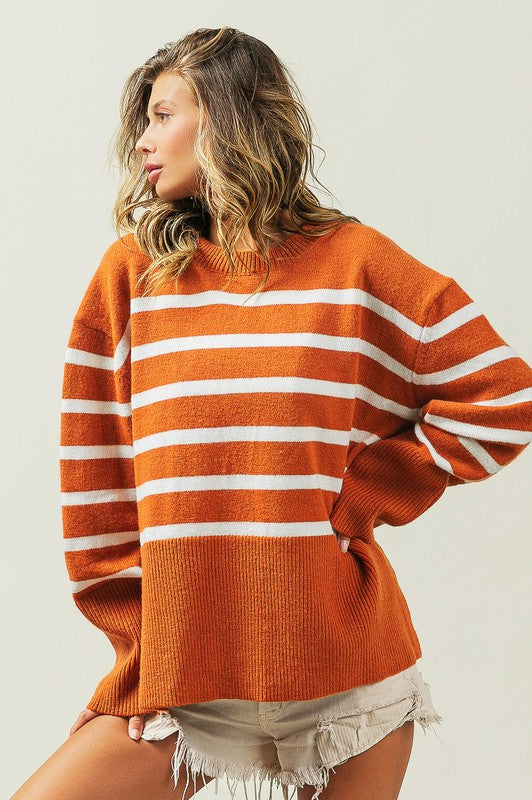 Women's SweatersRibbed Hem Stripe Sweater - VacationGrabs