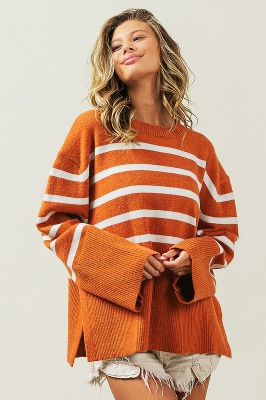 Women's SweatersRibbed Hem Stripe Sweater - VacationGrabs