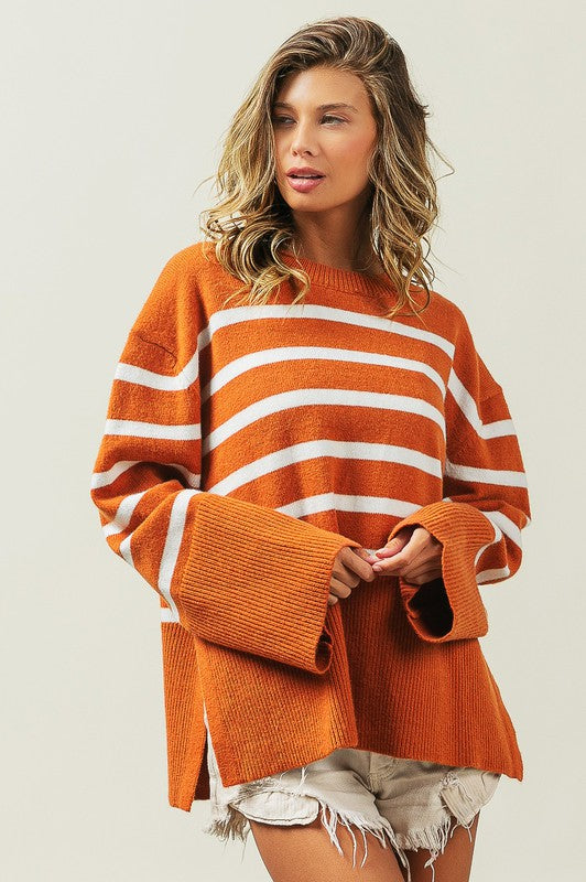 Women's SweatersRibbed Hem Stripe Sweater - VacationGrabs