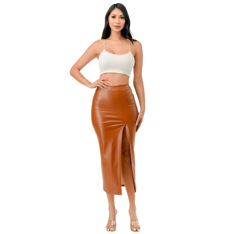 Womens Long PU Leather Pencil Skirt - VacationGrabs