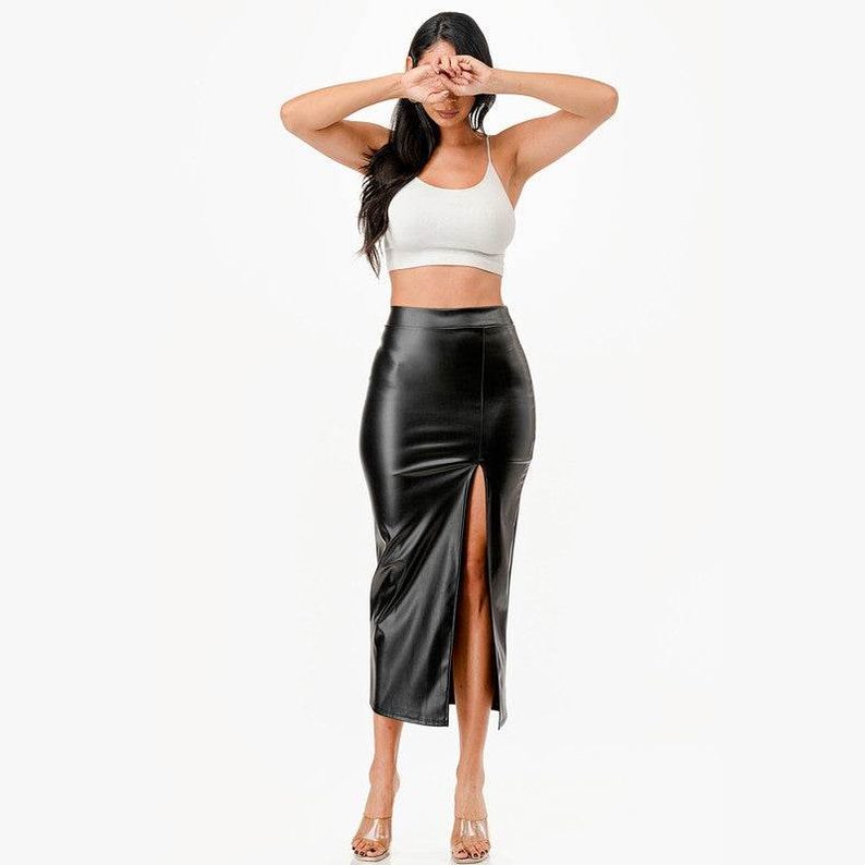 Womens Long PU Leather Pencil Skirt - VacationGrabs
