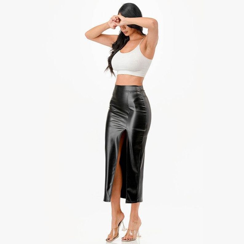 Womens Long PU Leather Pencil Skirt - VacationGrabs