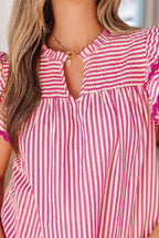 Stripe Smocked Yoke Short Sleeve Ruffle Blouse