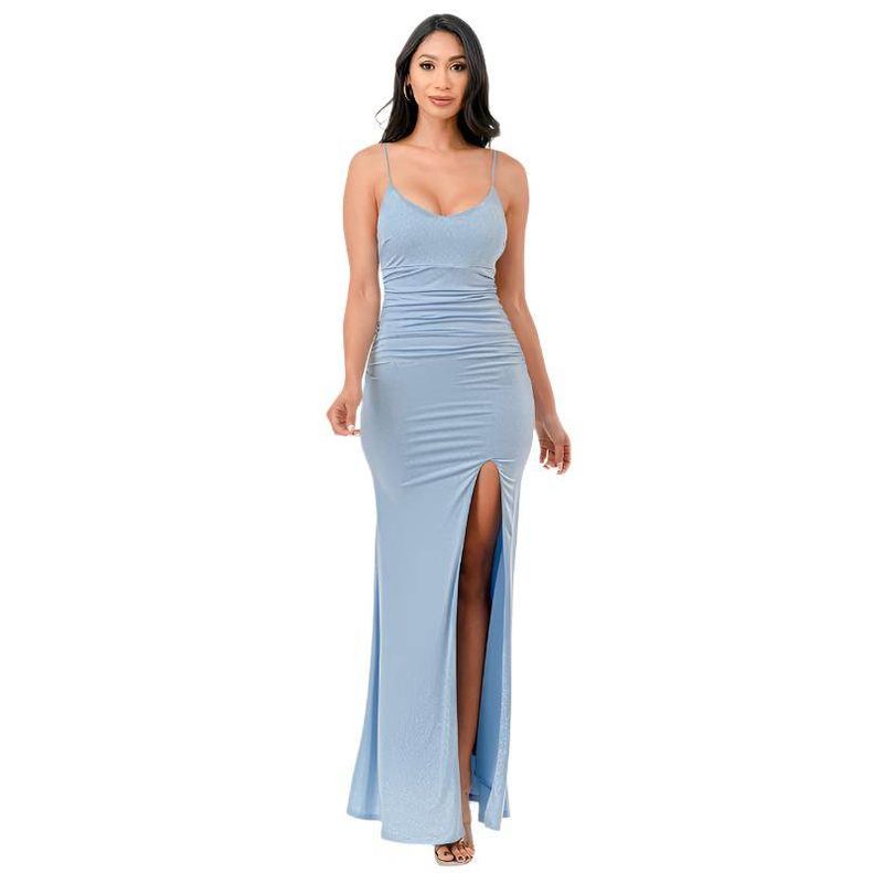 Glittered Front Slit Long Dress - VacationGrabs