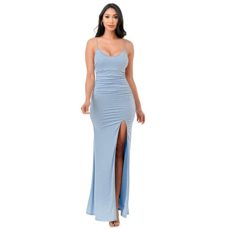 Glittered Front Slit Long Dress - VacationGrabs