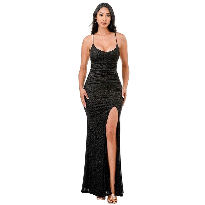 Glittered Front Slit Long Dress - VacationGrabs