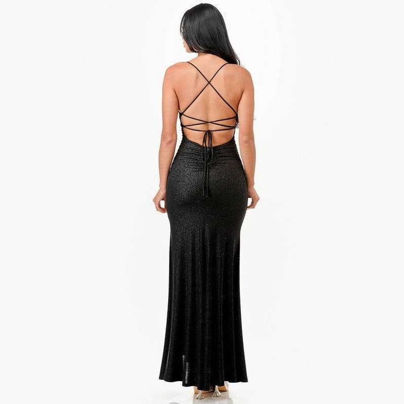 Glittered Front Slit Long Dress - VacationGrabs