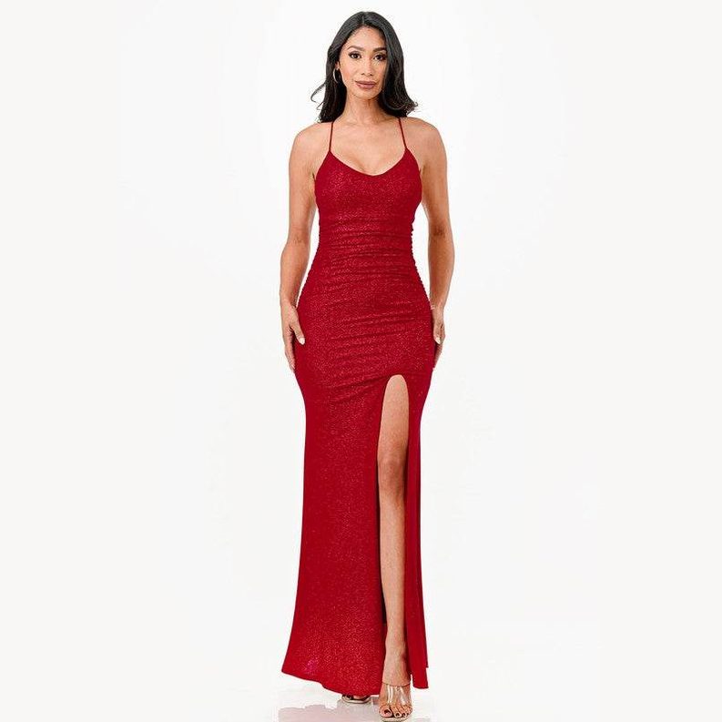 Glittered Front Slit Long Dress - VacationGrabs