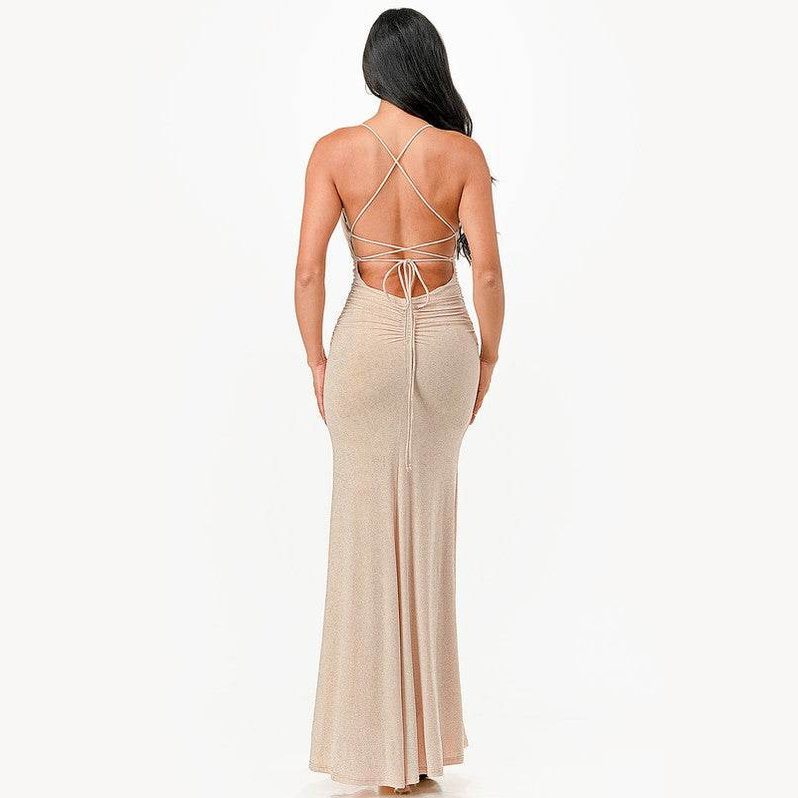 Glittered Front Slit Long Dress - VacationGrabs