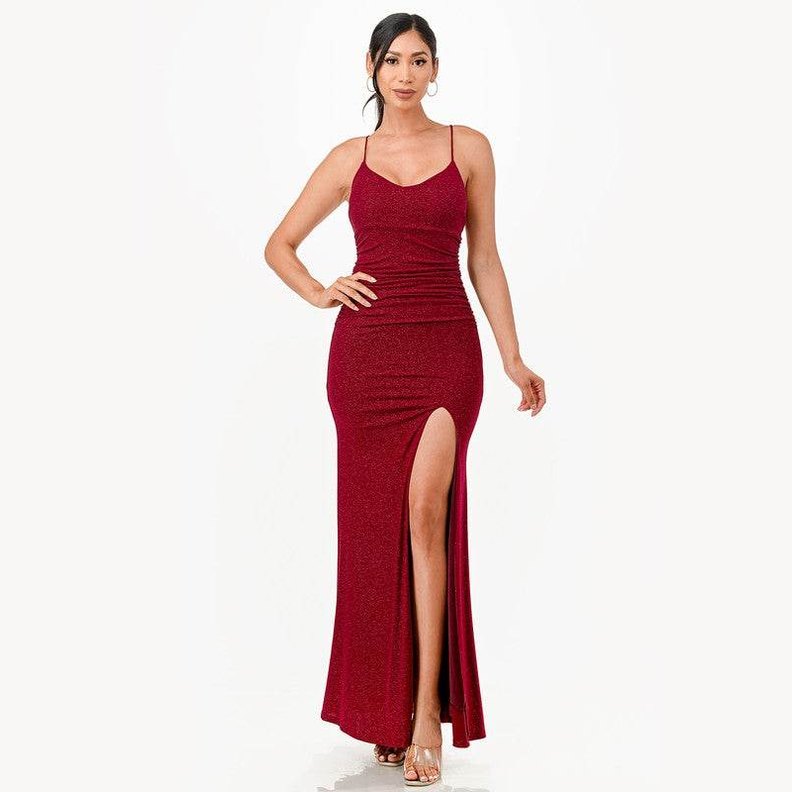 Glittered Front Slit Long Dress - VacationGrabs
