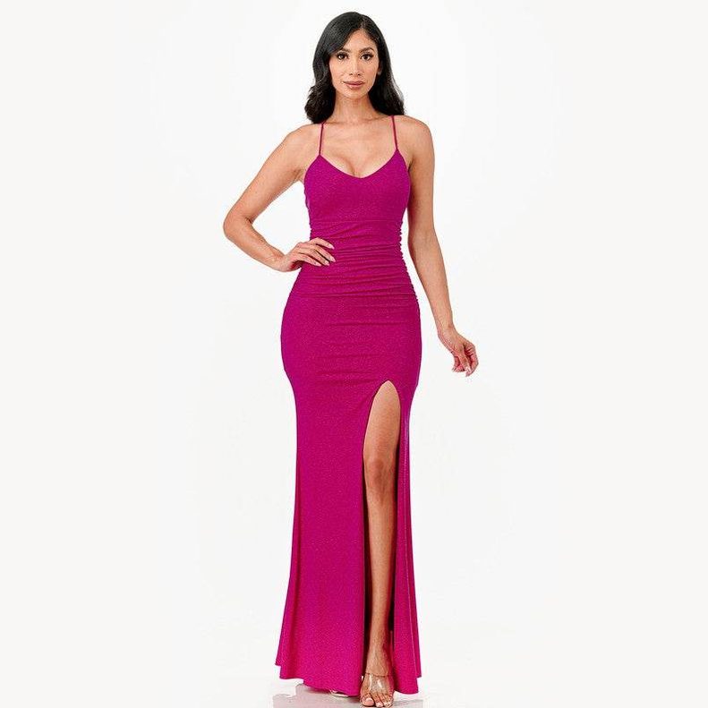 Glittered Front Slit Long Dress - VacationGrabs