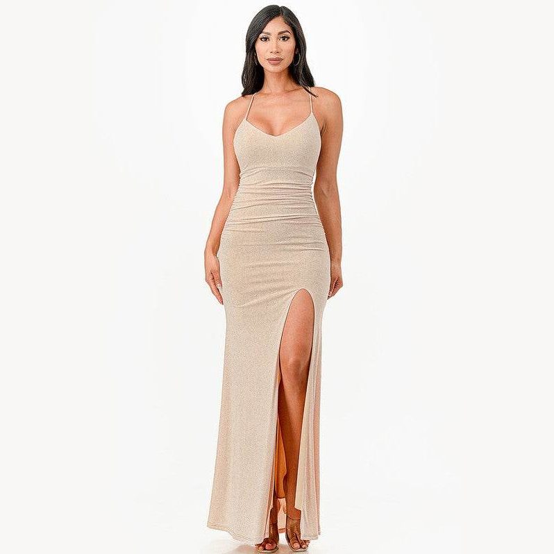 Glittered Front Slit Long Dress - VacationGrabs