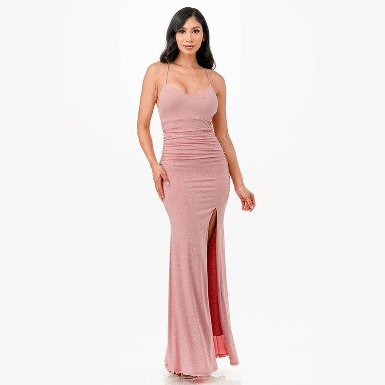Glittered Front Slit Long Dress - VacationGrabs