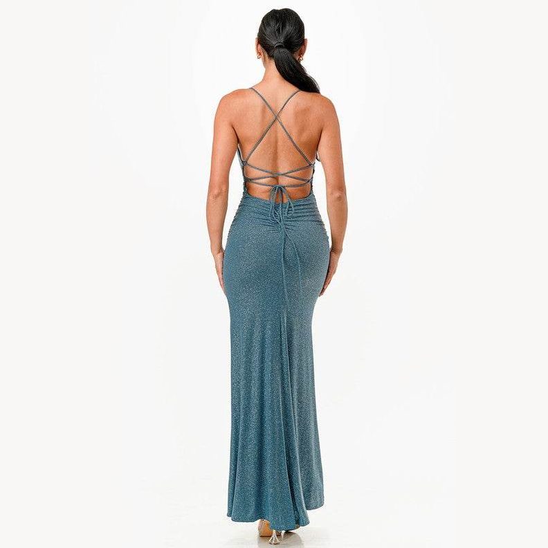 Glittered Front Slit Long Dress - VacationGrabs