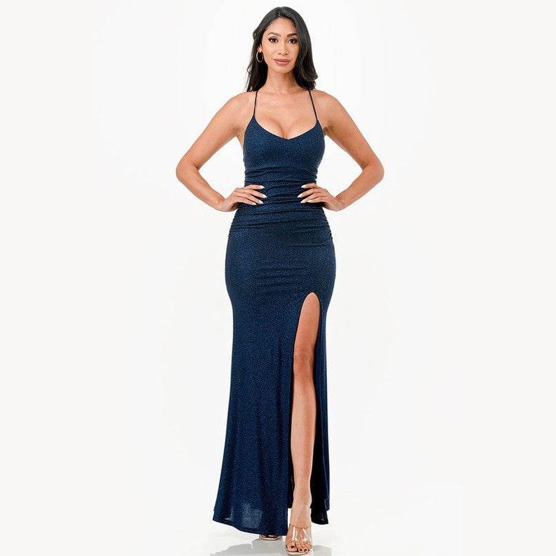 Glittered Front Slit Long Dress - VacationGrabs