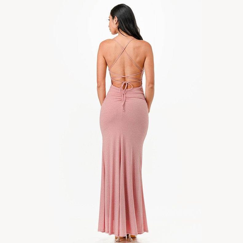 Glittered Front Slit Long Dress - VacationGrabs
