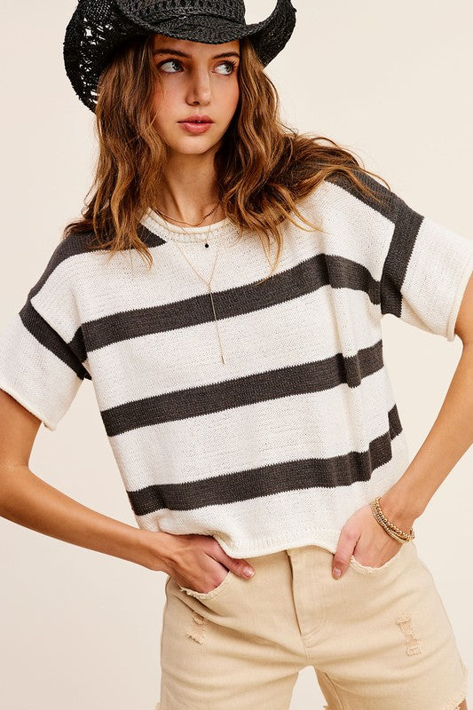 Women's SweatersLightweight Stripe Sweater Short Sleeve Top - VacationGrabs