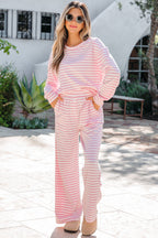 Stripe Drop Shoulder Top & Buttoned Pants Set
