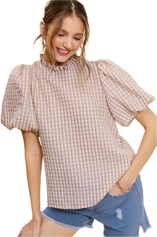 Women's ShirtsGingham Check Print Puff Sleeve Top - VacationGrabs