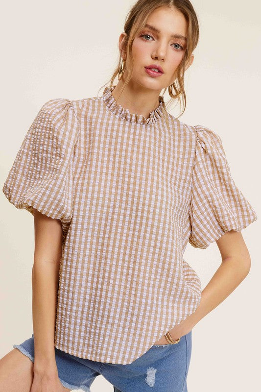 Women's ShirtsGingham Check Print Puff Sleeve Top - VacationGrabs