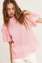 Women's ShirtsGingham Check Print Puff Sleeve Top - VacationGrabs