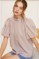 Women's ShirtsGingham Check Print Puff Sleeve Top - VacationGrabs