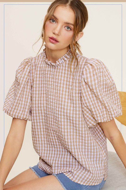 Women's ShirtsGingham Check Print Puff Sleeve Top - VacationGrabs