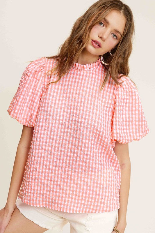 Women's ShirtsGingham Check Print Puff Sleeve Top - VacationGrabs