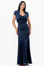 Sparking Jacquard Cowl Neck Long Dress &amp; matching cropped top shrug bolero with open front and cap sleeves