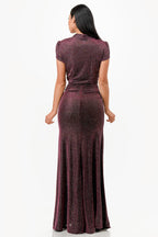 Sparking Jacquard Cowl Neck Long Dress &amp; matching cropped top shrug bolero with open front and cap sleeves