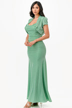 Sparking Jacquard Cowl Neck Long Dress &amp; matching cropped top shrug bolero with open front and cap sleeves