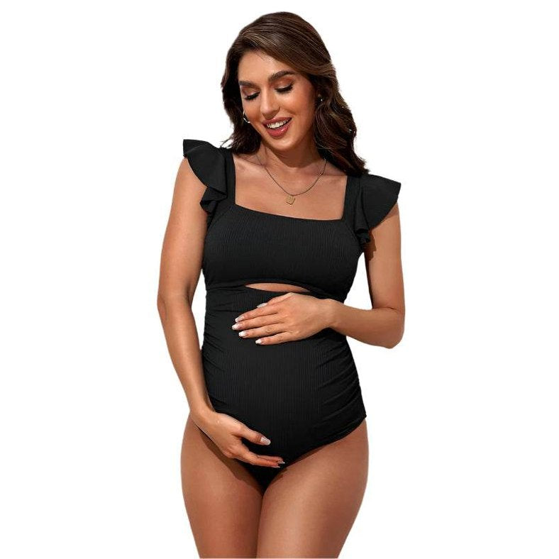 Ribbed Tie Knot Cutout Ruched Maternity Swimsuit - VacationGrabs