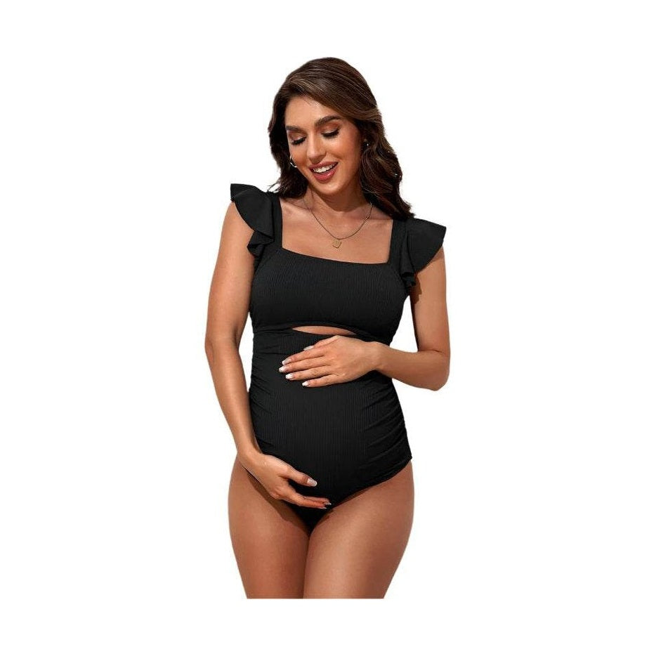 Ribbed Tie Knot Cutout Ruched Maternity Swimsuit - VacationGrabs