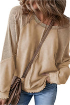 Women's Sweatshirts & HoodiesWaffle Patchwork Sleeve Exposed Seam Sweatshirt - VacationGrabs