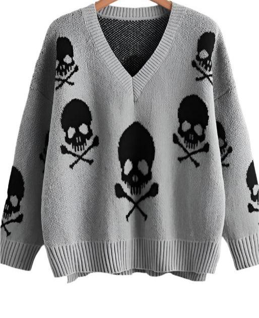 Women's SweatersSkull V-neck Sweater - VacationGrabs