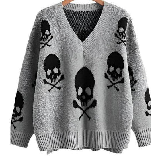 Skull V-neck Sweater - VacationGrabs