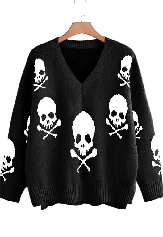 Women's SweatersSkull V-neck Sweater - VacationGrabs