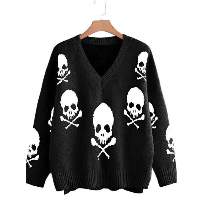 Skull V-neck Sweater - VacationGrabs