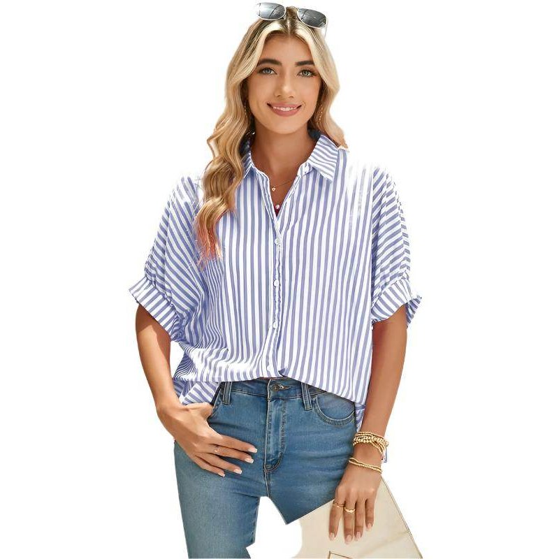Stripe Button Up Dolman Shirt - VacationGrabs