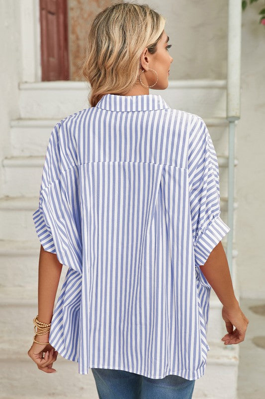 Women's ShirtsStripe Button Up Dolman Shirt - VacationGrabs