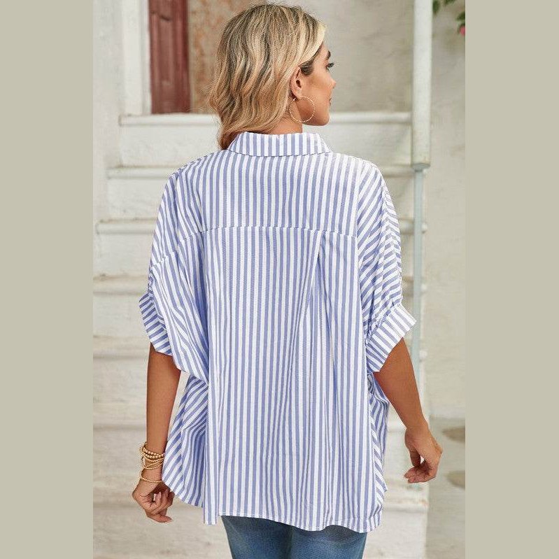 Stripe Button Up Dolman Shirt - VacationGrabs
