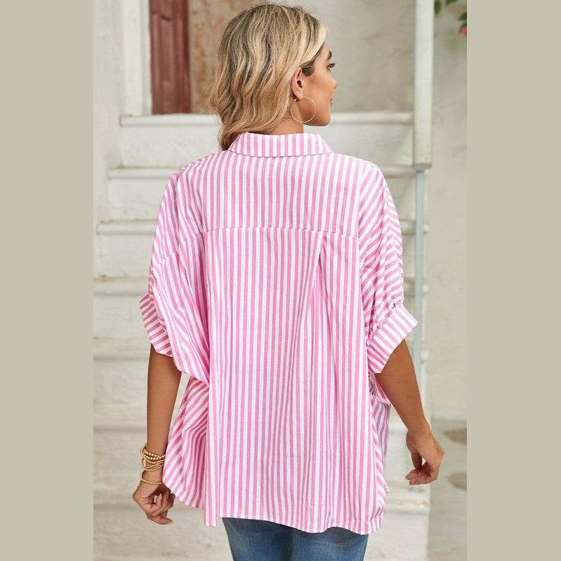 Stripe Button Up Dolman Shirt - VacationGrabs