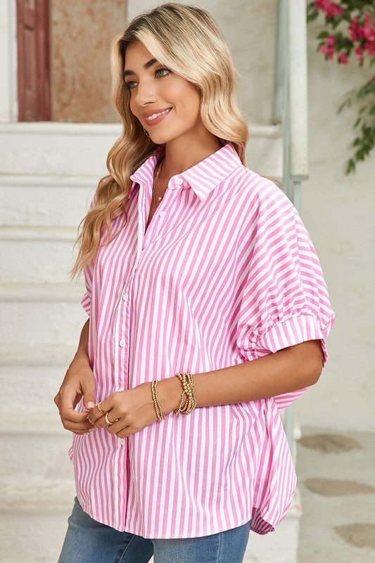 Women's ShirtsStripe Button Up Dolman Shirt - VacationGrabs