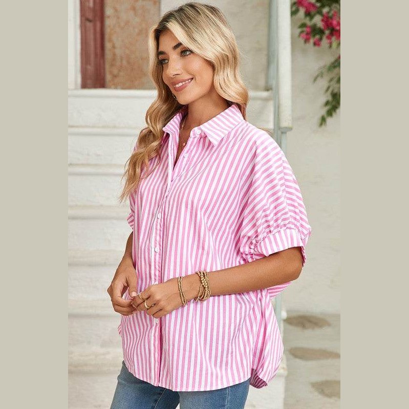 Stripe Button Up Dolman Shirt - VacationGrabs