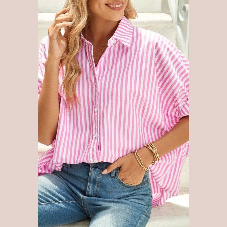 Stripe Button Up Dolman Shirt - VacationGrabs
