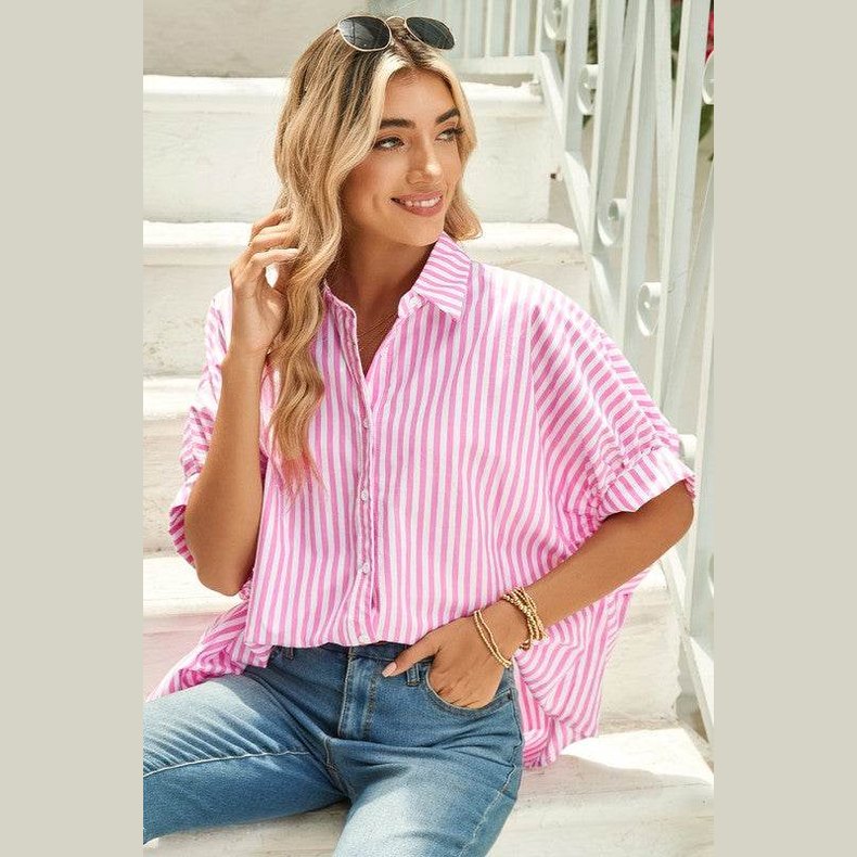 Stripe Button Up Dolman Shirt - VacationGrabs
