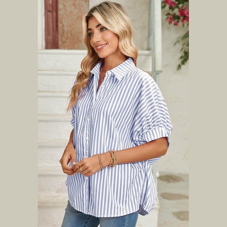 Stripe Button Up Dolman Shirt - VacationGrabs