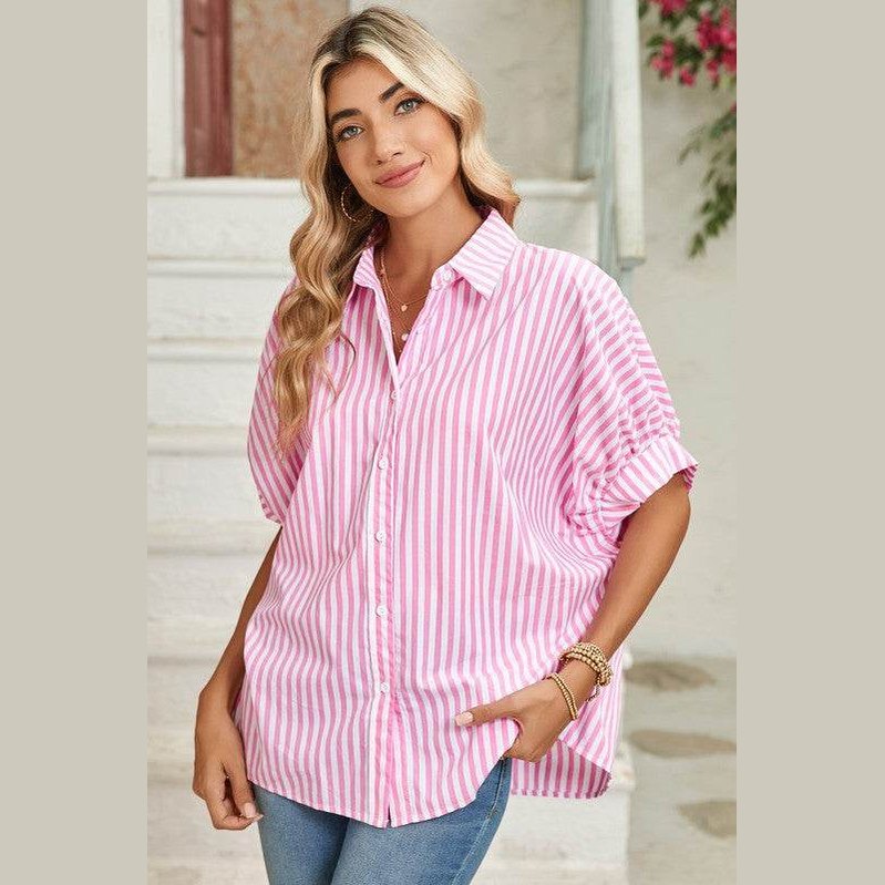 Stripe Button Up Dolman Shirt - VacationGrabs